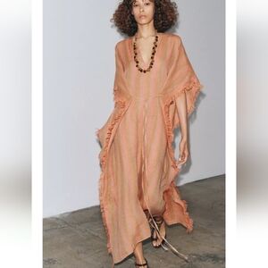 Zara Zw Collection 100% Linen Multi-position  Fringed Maxi Kaftan Dress Sz-M-L